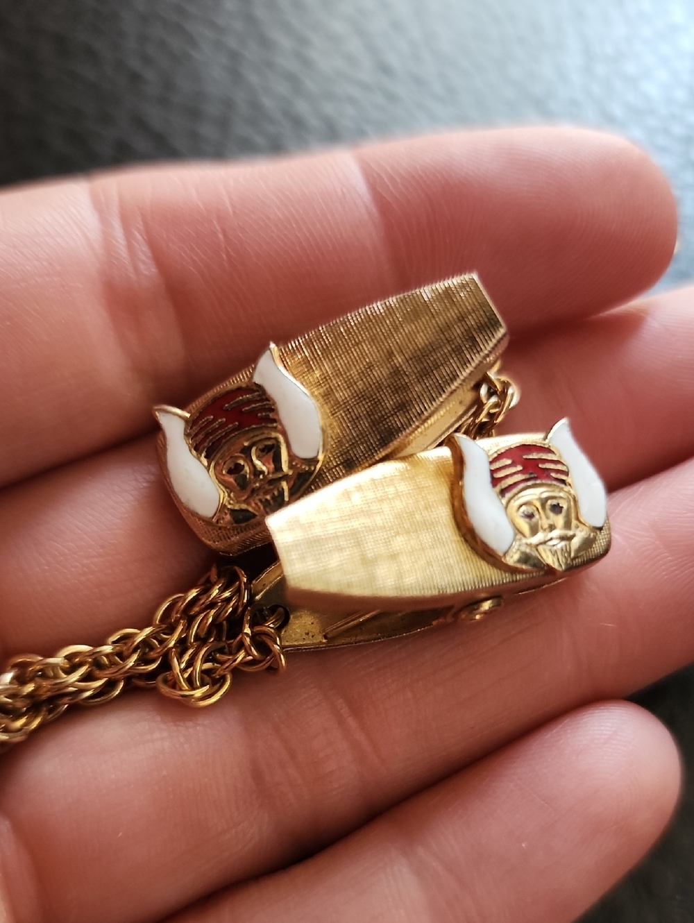 VTG Gold Tone Viking Helmet Sweater Clips with White & Red Enamel